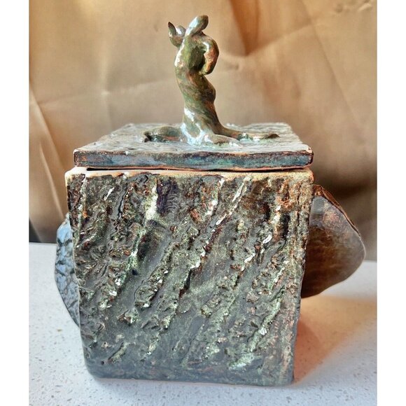 Signed Ceramic Box With Octopus Lid  OOAK Green Shiny Glaze - Picture 3 of 12